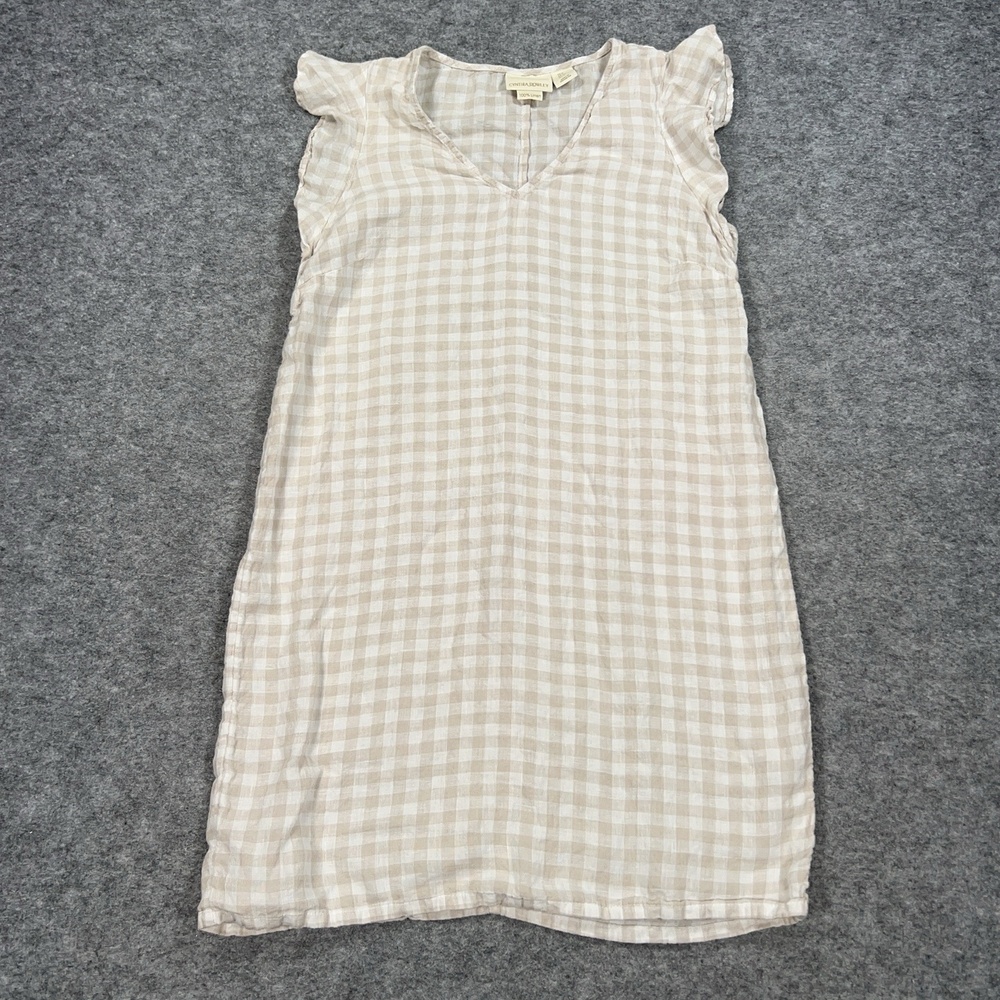 Cynthia Rowley Dress Womens S Beige Check Shift Short Flutter Sleeve VNeck Linen